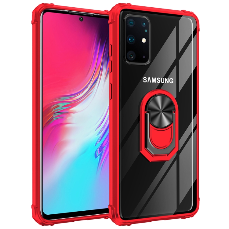 

For Galaxy A51 Anti-fall Transparent TPU + Acrylic Protective Case with Ring Bracket(Red)