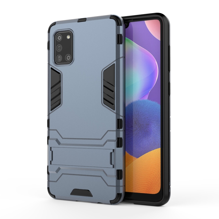 

For Galaxy A31 Shockproof PC + TPU Protective Case with Hidden Holder(Navy Blue)