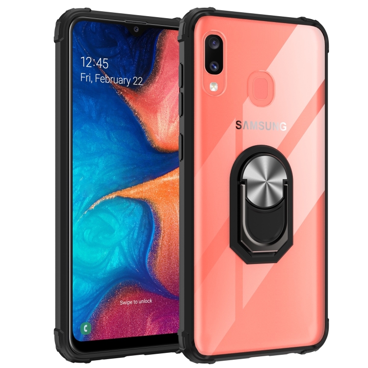 

For Galaxy A20 Shockproof Transparent TPU + Acrylic Case with Ring Holder(Silver Black)