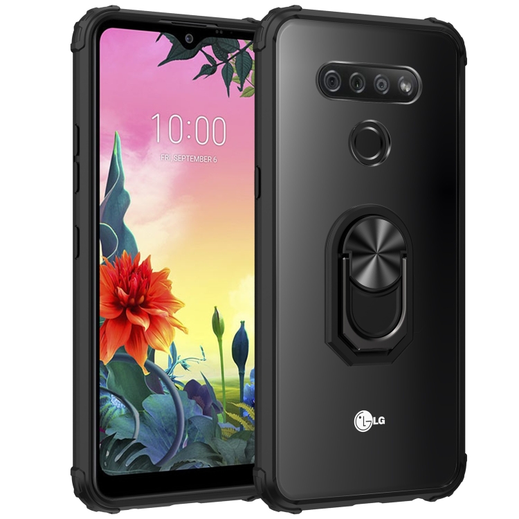 

For LG K51 Shockproof Transparent TPU + Acrylic Case with Ring Holder(Black)