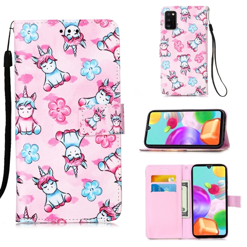 

For Galaxy A41 Painting Horizontal Flip Leather Case with Holder & Card Slot & Wallet & Lanyard(Unicorn and Flowers)