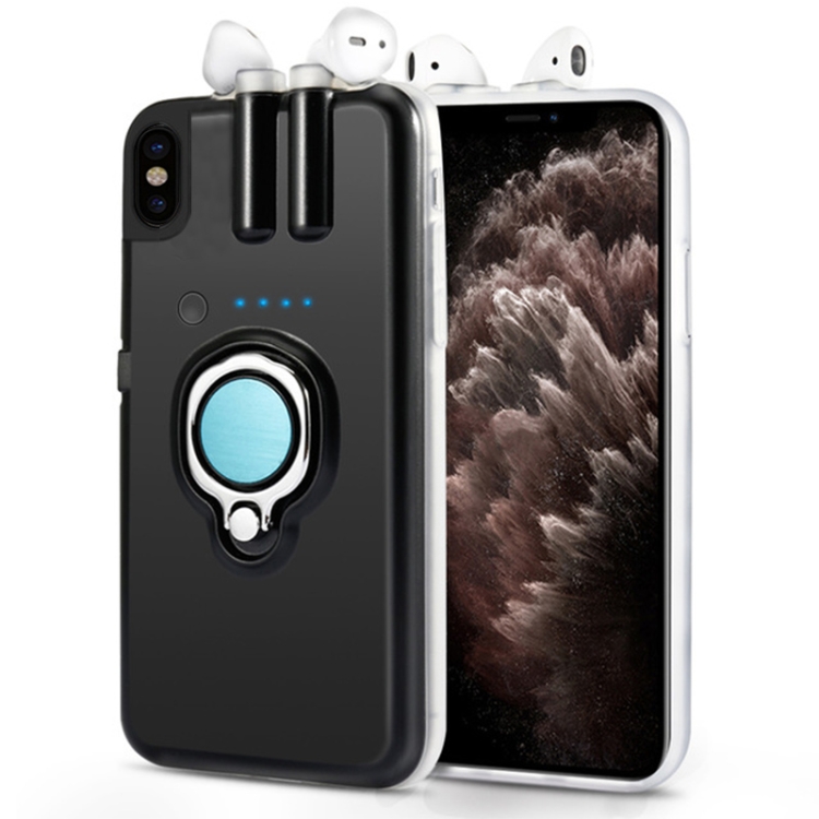 

For iPhone X / XS PC + TPU AirPods 1/2 Generation Rechargeable Shockproof Protective Case with Invisible Ring Stand (Without Headphones)(Black)