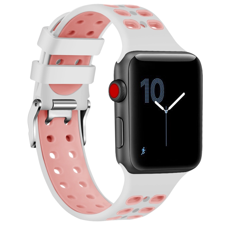 

For Apple Watch Series 6 & SE & 5 & 4 40mm / 3 & 2 & 1 38mm Two-color Double-breasted Silicone Replacement Wrist Strap Watchband(White Pink)