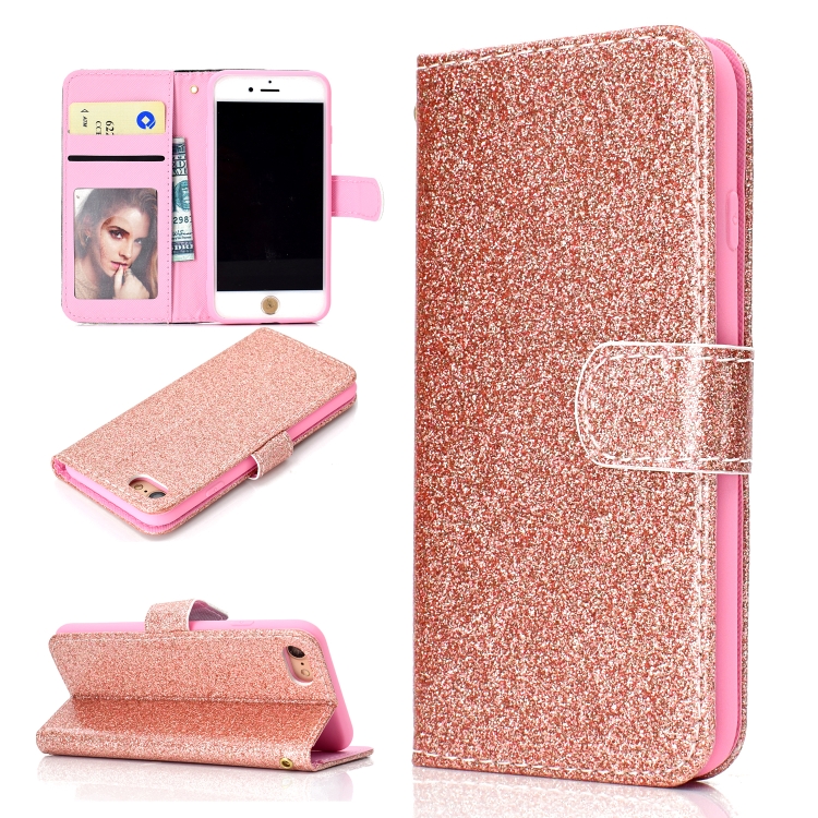 

For iPhone 8 Glitter Powder Horizontal Flip Leather Case with Card Slots & Holder & Photo Frame & Wallet(Rose Gold)