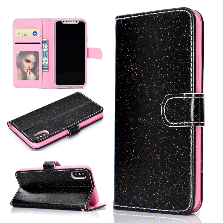

Fro iPhone X Glitter Powder Horizontal Flip Leather Case with Card Slots & Holder & Photo Frame & Wallet(Black)