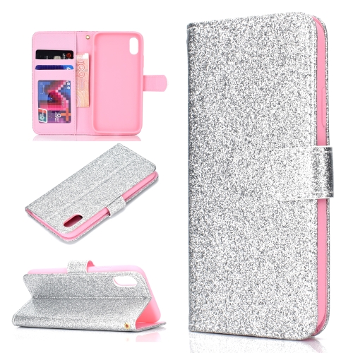 

For iPhone XS Glitter Powder Horizontal Flip Leather Case with Card Slots & Holder & Photo Frame & Wallet(Silver)