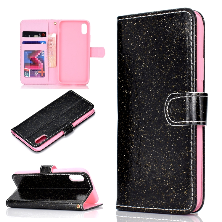

For iPhone XS Glitter Powder Horizontal Flip Leather Case with Card Slots & Holder & Photo Frame & Wallet(Black)