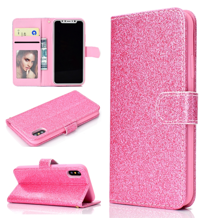 

For iPhone XS Max Glitter Powder Horizontal Flip Leather Case with Card Slots & Holder & Photo Frame & Wallet(Pink)