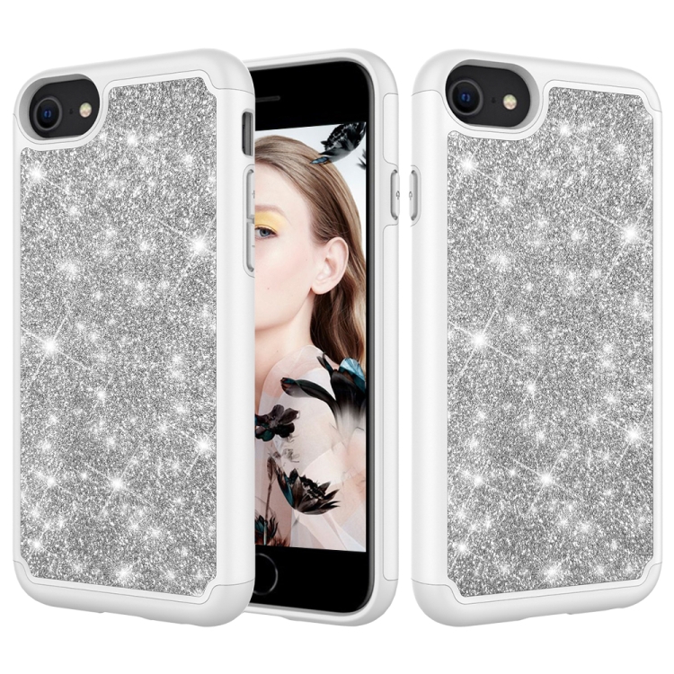 

For iPhone SE 2020 / 8 / 7 Glitter Powder Contrast Skin Shockproof Silicone + PC Protective Case(Grey)