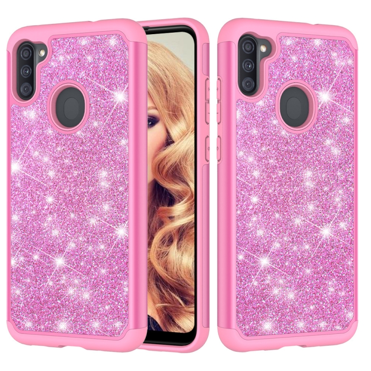 

For Samsung Galaxy A11 Glitter Powder Contrast Skin Shockproof Silicone + PC Protective Case(Pink)