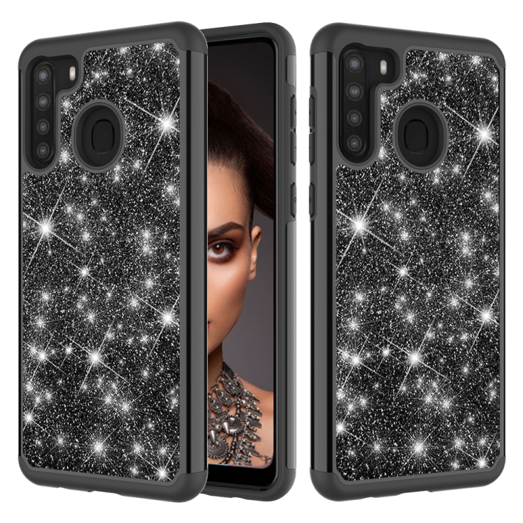 

For Samsung Galaxy A21 (US Version) Glitter Powder Contrast Skin Shockproof Silicone + PC Protective Case(Black)