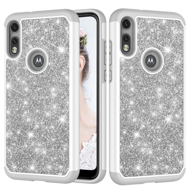 

For Motorola Moto E7 Glitter Powder Contrast Skin Shockproof Silicone + PC Protective Case(Grey)