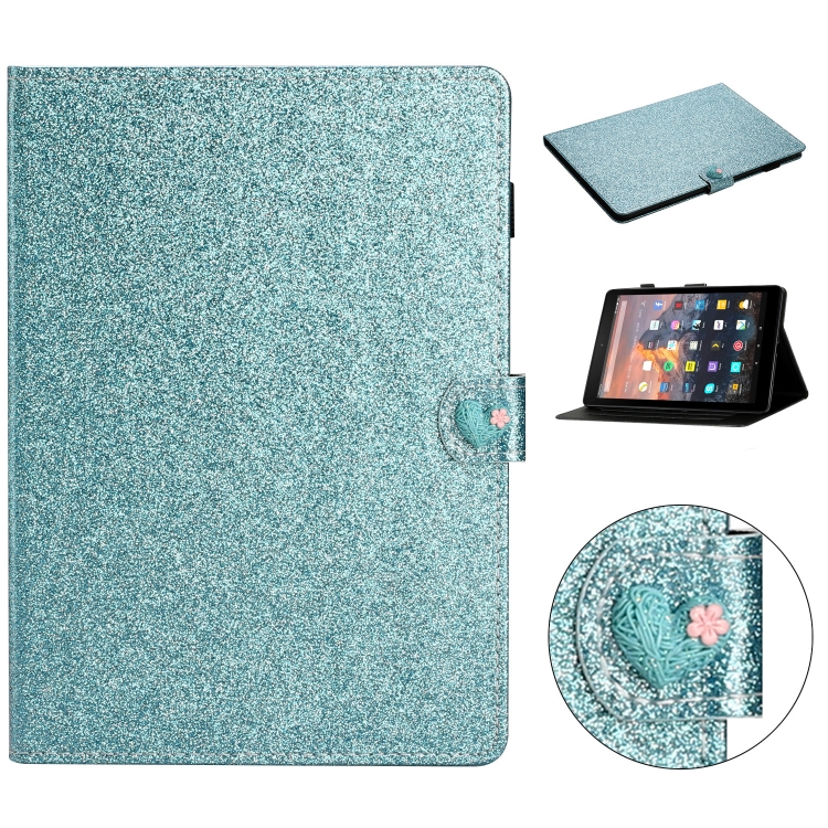 

For Amazon Kindle Fire HD 8 Love Buckle Glitter Horizontal Flip Leather Case with Holder & Card Slots(Blue)