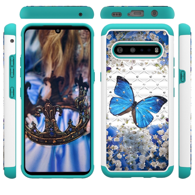 

For LG V60 / G9 ThinQ Coloured Drawing Pattern with Diamond PC + TPU Protective Case(Blue Butterfly)