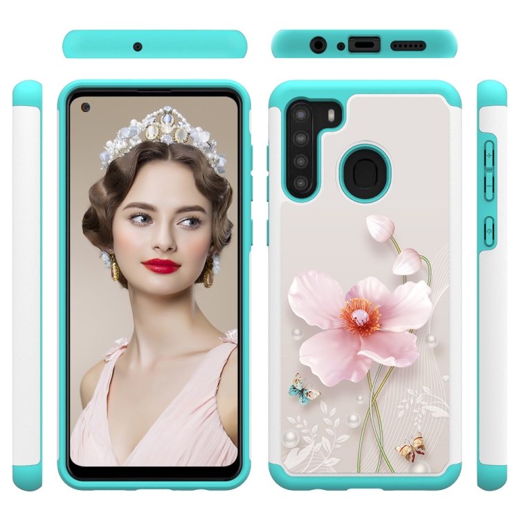 

For Samsung Galaxy A21 (US Version) Coloured Drawing Pattern PU Skinny + TPU Protective Case(Pearl Flower)