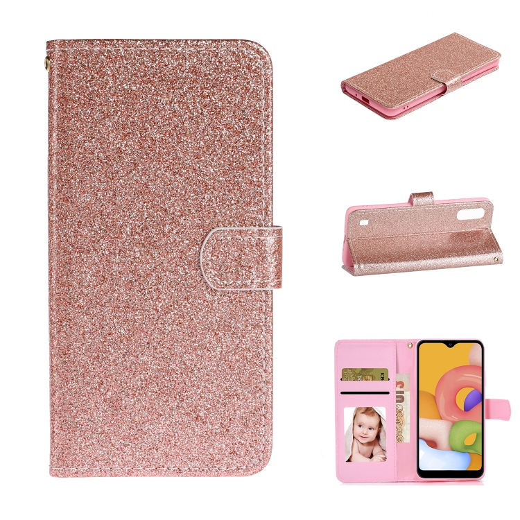 

For Samsung Galaxy A01 Glitter Powder Horizontal Flip Leather Case with Card Slots & Holder & Photo Frame & Wallet(Rose Gold)
