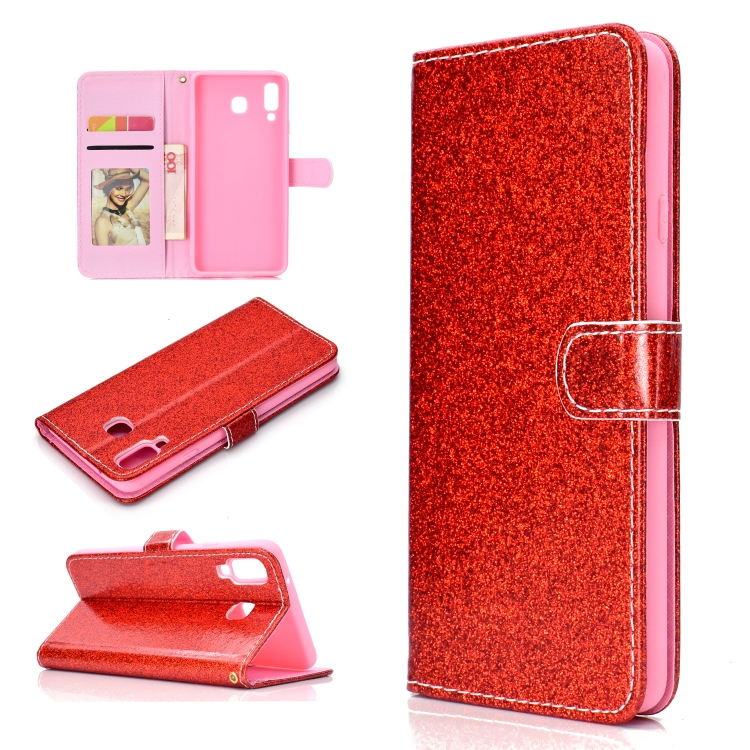 

For Samsung Galaxy A9 Star Glitter Powder Horizontal Flip Leather Case with Card Slots & Holder & Photo Frame & Wallet(Red)