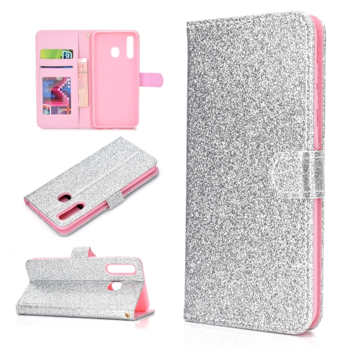 

For Samsung Galaxy A20e Glitter Powder Horizontal Flip Leather Case with Card Slots & Holder & Photo Frame & Wallet(Silver)
