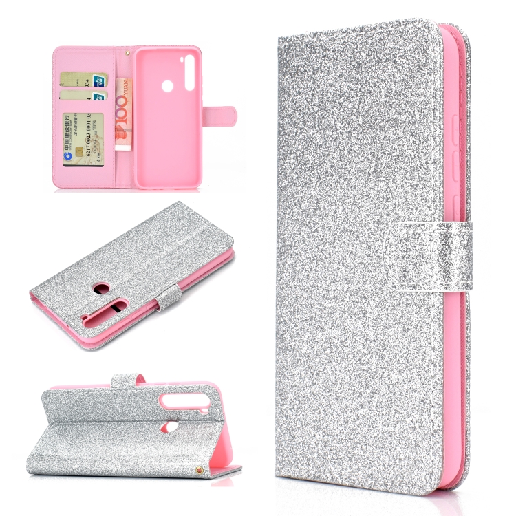 

For Samsung Galaxy A21 Glitter Powder Horizontal Flip Leather Case with Card Slots & Holder & Photo Frame & Wallet(Silver)