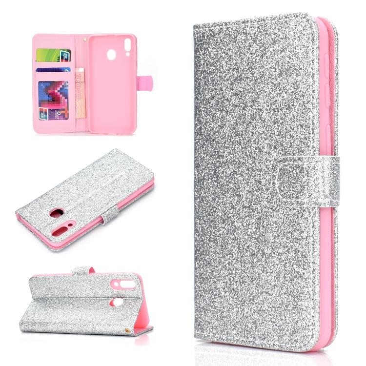 

For Samsung Galaxy A40 Glitter Powder Horizontal Flip Leather Case with Card Slots & Holder & Photo Frame & Wallet(Silver)