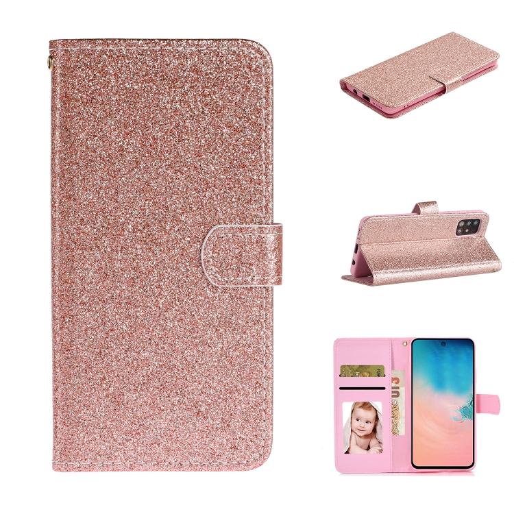 

For Samsung Galaxy A51 Glitter Powder Horizontal Flip Leather Case with Card Slots & Holder & Photo Frame & Wallet(Rose Gold)