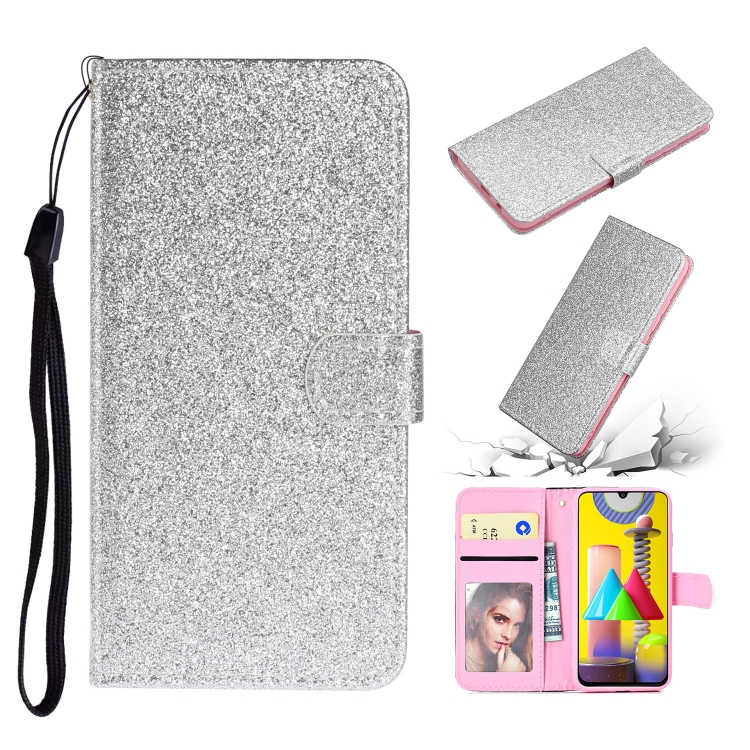 

For Samsung M31 Glitter Powder Horizontal Flip Leather Case with Card Slots & Holder & Photo Frame & Wallet(Silver)