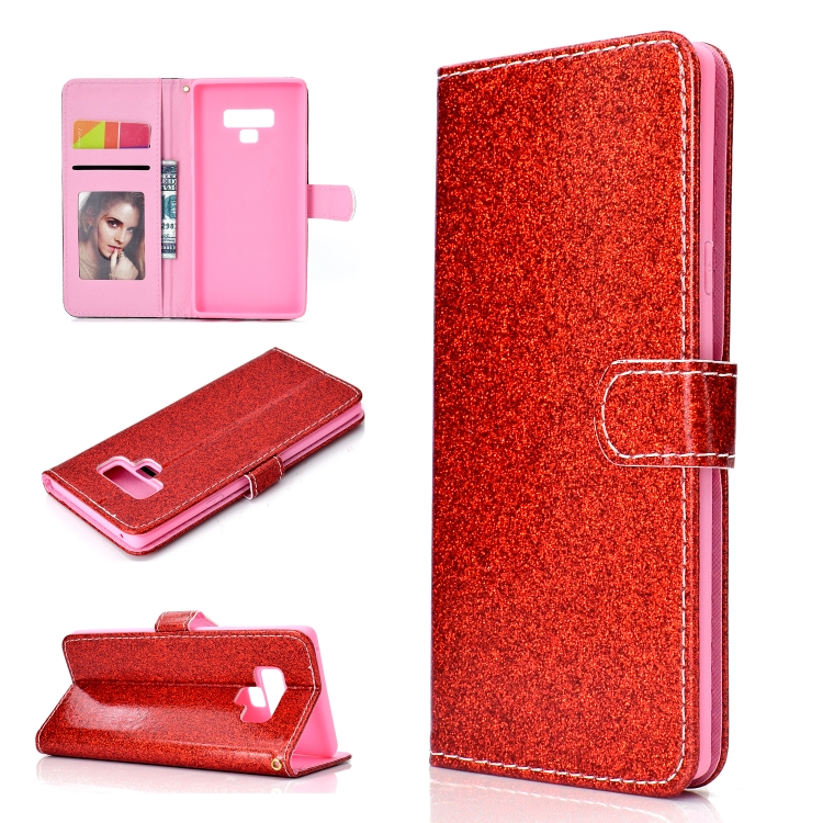 

For Samsung Galaxy Note 9 Glitter Powder Horizontal Flip Leather Case with Card Slots & Holder & Photo Frame & Wallet(Red)