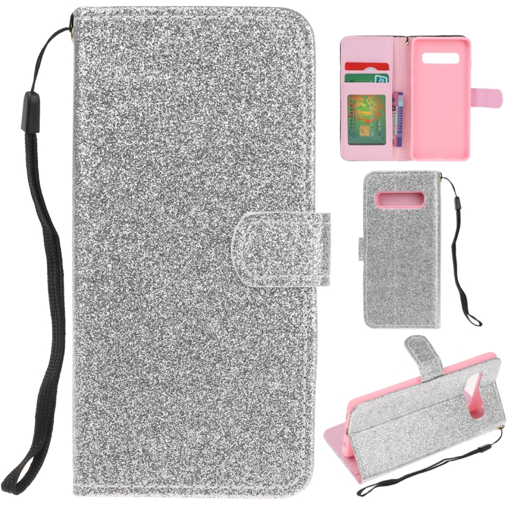 

For Samsung Galaxy S10 Glitter Powder Horizontal Flip Leather Case with Card Slots & Holder & Photo Frame & Wallet(Silver)