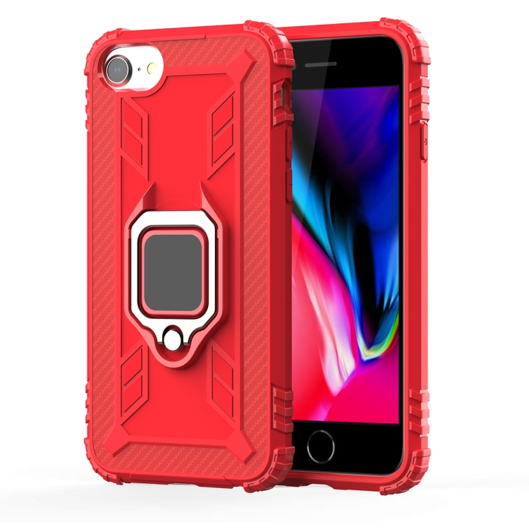 

For iPhone SE 2020 / 8 / 7 Carbon Fiber Protective Case with 360 Degree Rotating Ring Holder(Red)