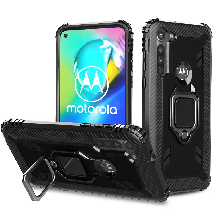 

For Motorola Moto G8 Power Carbon Fiber Protective Case with 360 Degree Rotating Ring Holder(Black)