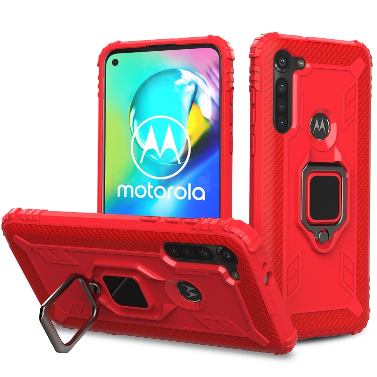

For Motorola Moto G8 Power Carbon Fiber Protective Case with 360 Degree Rotating Ring Holder(Red)