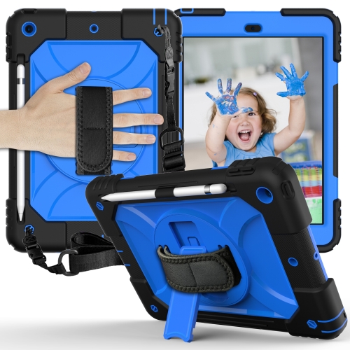 

For iPad 10.2 Shockproof PC + Silicone Combination Case with Holder & Hand Strap & Shoulder Strap(Black + Blue)