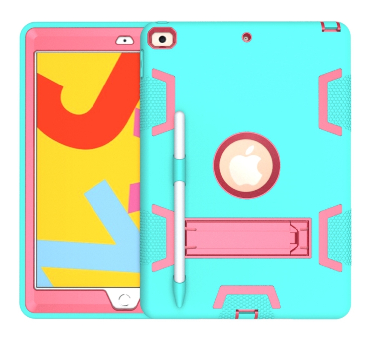 

For iPad 10.2 Shockproof PC + Silicone Protective Case with Holder & Pen Slot(Mint Green + Rose Red)