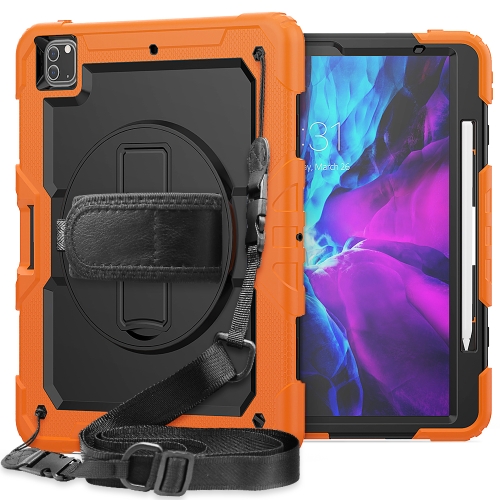 

For iPad Pro 12.9 (2020) Shockproof Colorful Silicone + PC Protective Case with Holder & Shoulder Strap & Hand Strap & Pen Slot(Orange)