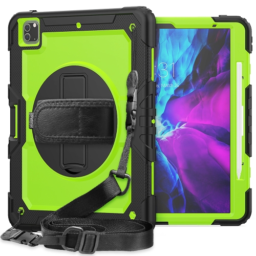 

For iPad Pro 12.9 (2020) Shockproof Colorful Silicone + PC Protective Case with Holder & Shoulder Strap & Hand Strap & Pen Slot(Black Yellow Green)