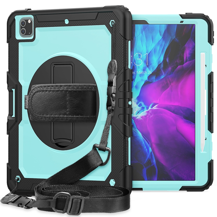 

For iPad Pro 12.9 (2020) Shockproof Colorful Silicone + PC Protective Case with Holder & Shoulder Strap & Hand Strap & Pen Slot(Black+Light Blue)