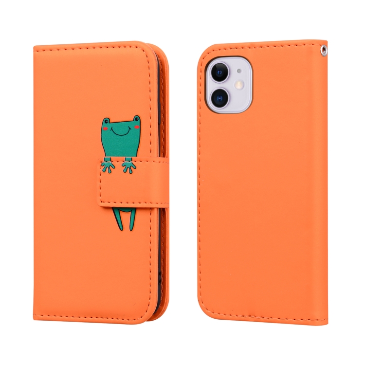 

For iPhone 11 Cartoon Animal Horizontal Flip Leather Case with Holder & Card Slots & Wallet(Orange + Frog)