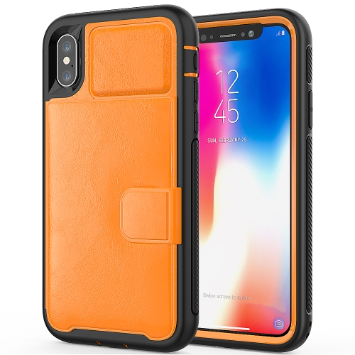 

For iPhone X Shockproof PC + TPU + PU Leather Protective Case with Holder & Card Slot & Wallet(Orange)