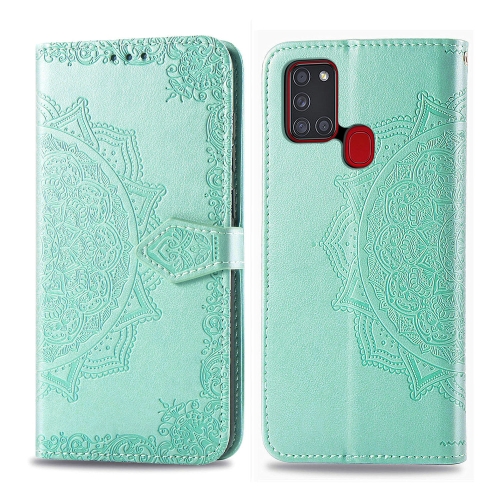 

For Samsung Galaxy A21s Halfway Mandala Embossing Pattern Horizontal Flip PU Leather Case with Card Slots & Holder & Wallet(Green)