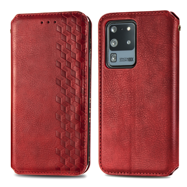

For Samsung Galaxy S20 Ultra Cubic Grid Pressed Horizontal Flip Magnetic Leather Case with Holder & Card Slots & Wallet(Red)
