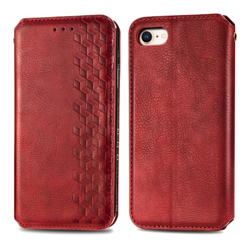 

For iPhone SE 2020 / 8 / 7 Cubic Grid Pressed Horizontal Flip Magnetic Leather Case with Holder & Card Slots & Wallet(Red)