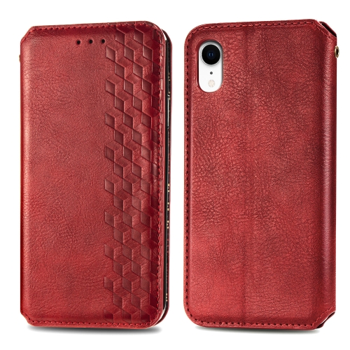 

For iPhone XR Cubic Grid Pressed Horizontal Flip Magnetic Leather Case with Holder & Card Slots & Wallet(Red)