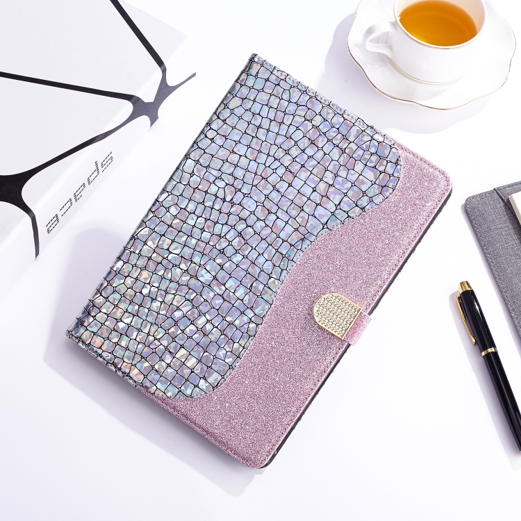 

For iPad Mini 4 / 3 / 2 / 1 Laser Glitter Stitching Crocodile Texture Horizontal Flip Leather Case with Storage Grid & Holder(Silver)