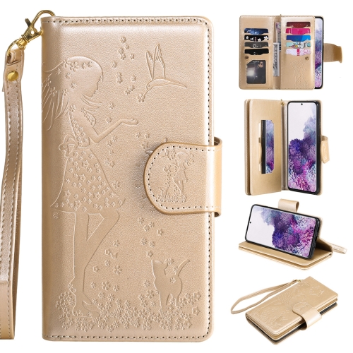 

For Samsung Galaxy S20+ Woman and Cat Embossed Horizontal Flip Leather Case, with Card Slots & Holder & Wallet & Photo Frame & Mirror & Lanyard(Gold)