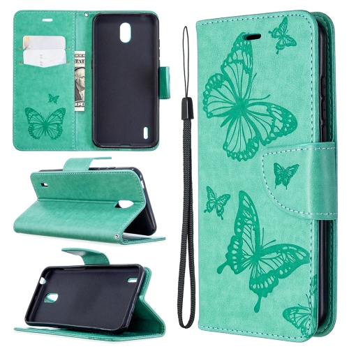 

For Nokia 1.3 Two Butterflies Embossing Pattern Horizontal Flip Leather Case with Holder & Card Slot & Wallet & Lanyard(Green)