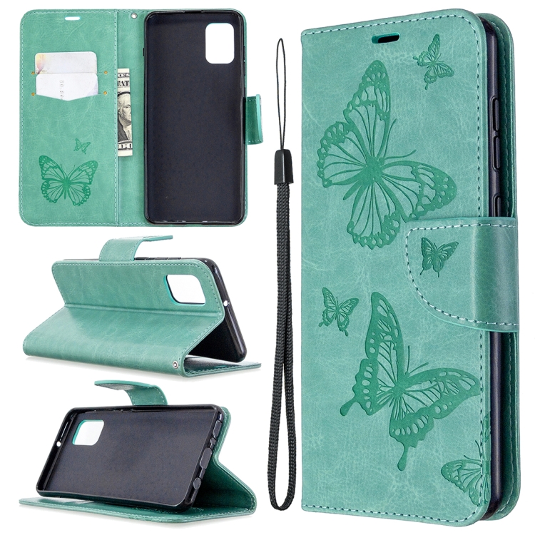 

For Samsung Galaxy A31 Two Butterflies Embossing Pattern Horizontal Flip Leather Case with Holder & Card Slot & Wallet & Lanyard(Green)