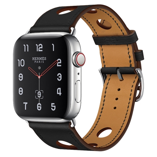 

For Apple Watch Series 6 & SE & 5 & 4 44mm / 3 & 2 & 1 42mm Leather Three Holes Replacement Strap Watchband(Black)
