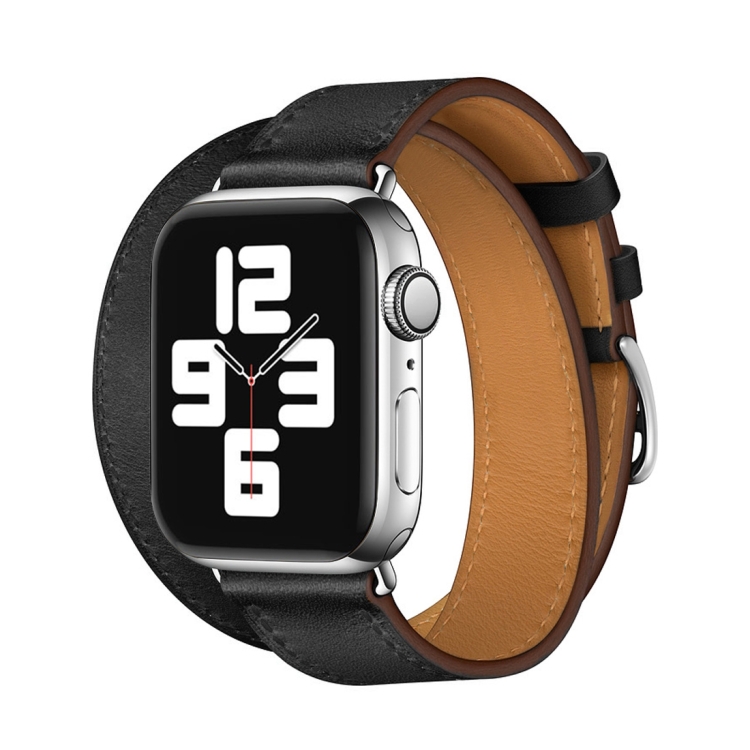 

For Apple Watch Series 5 & 4 44mm / 3 & 2 & 1 42mm Leather Double Loop Replacement Strap Watchband(Black)
