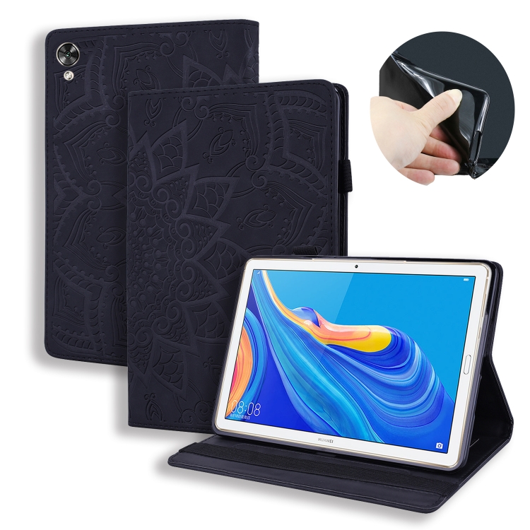 

For Huawei MediaPad M6 10.8 Calf Pattern Double Folding Design Embossed Leather Case with Holder & Card Slots & Pen Slot & Elastic Band(Black)
