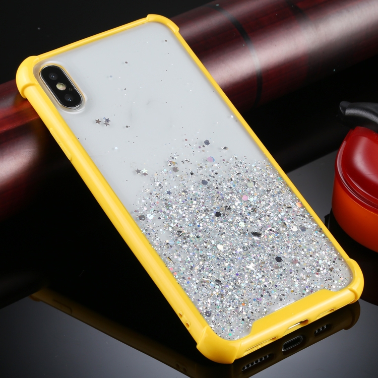 

For iPhone XS / X Four-Corner Shockproof Glitter Powder Acrylic + TPU Protective Case(Yellow)